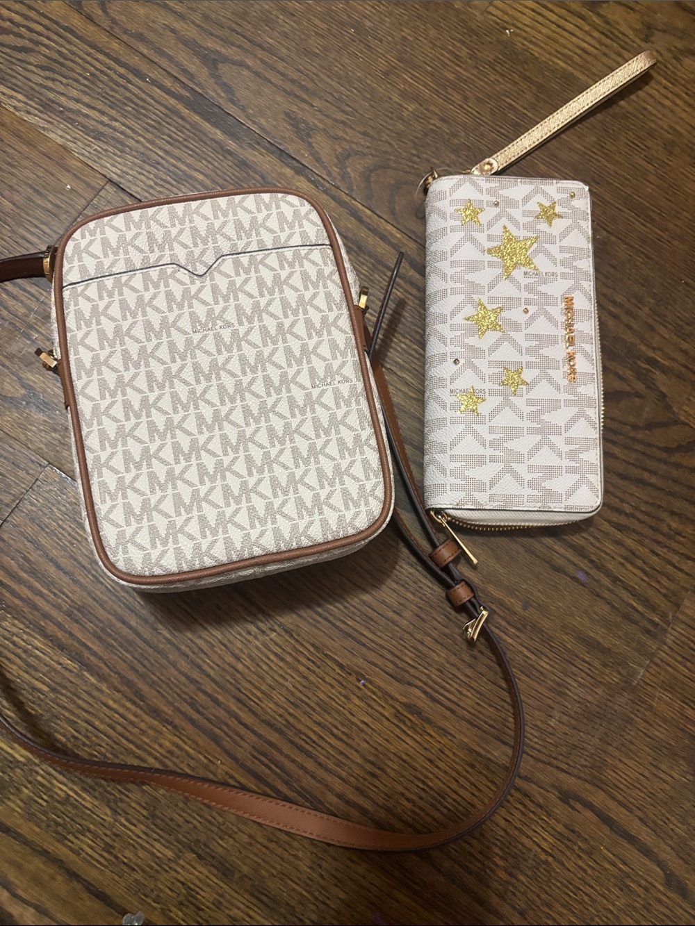 Michael Kors Cream Logo Crossbody Bag with Brown Trim and Matching Cream Wallet